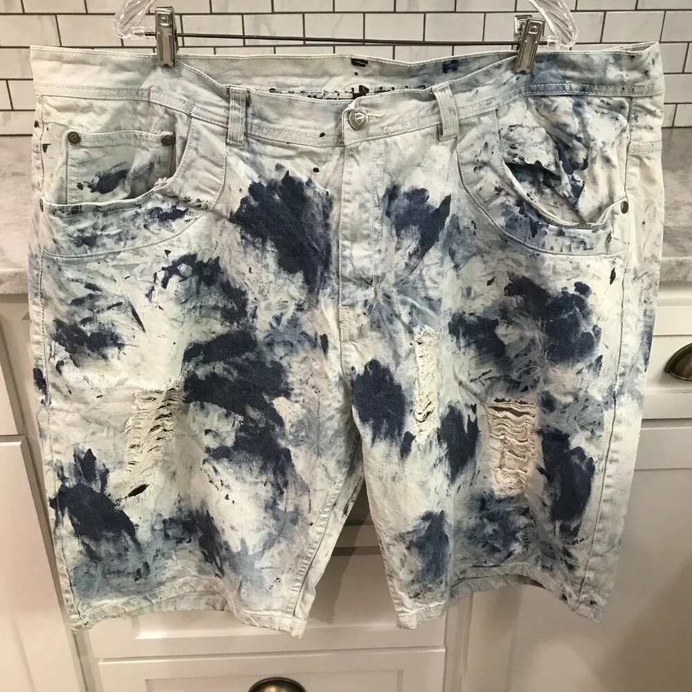 Encrypted Denim Shorts Mens 46 Distressed Denim Bleach Tie Dye Streetwear Jean
